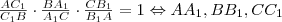 \frac{AC_1}{C_1B}\cdot\frac{BA_1}{A_1C}\cdot\frac{CB_1}{B_1A}=1 \Leftrightarrow AA_1, BB_1, CC_1