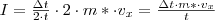 I = \frac{\Delta t}{2 \cdot t} \cdot 2 \cdot m* \cdot v_x = \frac{\Delta t \cdot m* \cdot v_x}{t} I = \frac{\Delta t}{2 \cdot t} \cdot 2 \cdot m* \cdot v_x = \frac{\Delta t \cdot m* \cdot v_x}{t}
