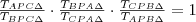 \frac{T_{APC\Delta}}{T_{BPC\Delta}}\cdot\frac{T_{BPA\Delta}}{T_{CPA\Delta}}\cdot\frac{T_{CPB\Delta}}{T_{APB\Delta}}=1 \frac{T_{APC\Delta}}{T_{BPC\Delta}}\cdot\frac{T_{BPA\Delta}}{T_{CPA\Delta}}\cdot\frac{T_{CPB\Delta}}{T_{APB\Delta}}=1