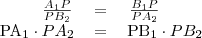 \begin{tabular}{rcl}
\left{\frac{A_1P}{PB_2}\right}&=&\left{\frac{B_1P}{PA_2} \\
 PA_1\cdot PA_2&=&PB_1\cdot PB_2 \end{tabular}
