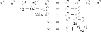 \begin{tabular}{rcl}
x^2+y^2-(d-x)^2-y^2&=&r_1^2+a^2-r_2^2-a^2 \\
x_2-(d-x_1)^2&=&r_1^2-r_2^2 \\
2dx-d^2&=&r_1^2-r_2^2 \\
x&=&\left{\frac{d^2+r_1^2-r_2^2}{2d}\right} \\
x&=&\left{\frac{d}{2}\right}+\left{\frac{r_1^2-r_2^2}{2d}\right}
\end{tabular}