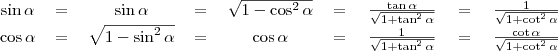 \begin{tabular}{ccccccccc} \sin\alpha&=&\sin\alpha&=&\sqrt{1-\cos^2\alpha}&=&\left{\frac{\tan\alpha}{\sqrt{1+\tan^2\alpha}}\right}&=&\left{\frac{1}{\sqrt{1+\cot^2\alpha}}\right} \\ \cos\alpha&=&\sqrt{1-\sin^2\alpha}&=&\cos\alpha&=&\left{\frac{1}{\sqrt{1+\tan^2\alpha}}\right}&=&\left{\frac{\cot\alpha}{\sqrt{1+\cot^2\alpha}}\right} \\ \end{tabular}