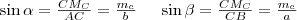 \sin\alpha=\frac{CM_C}{AC}=\frac{m_c}{b}~~~~\sin\beta=\frac{CM_C}{CB}=\frac{m_c}{a}