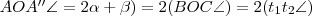 AOA''\angle =2
\alpha +\beta)=2(BOC\angle )=2(t_1t_2\angle)