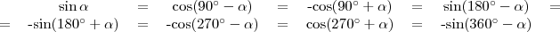\begin{tabular}{cccccccccc}
&\sin\alpha&=&\cos(90^{\circ}-\alpha)&=&-\cos(90^{\circ}+\alpha)&=&\sin(180^{\circ}-\alpha)&= \\=&-\sin(180^{\circ}+\alpha)&=&-\cos(270^{\circ}-\alpha)&=&\cos(270^{\circ}+\alpha)&=&-\sin(360^{\circ}-\alpha)
\end{tabular}