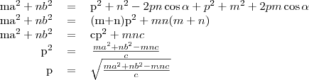 \begin{tabular}{rcl}
ma^2+nb^2&=&p^2+n^2-2pn\cos\alpha+p^2+m^2+2pm\cos\alpha \\
ma^2+nb^2&=&(m+n)p^2+mn(m+n) \\
ma^2+nb^2&=&cp^2+mnc \\
p^2&=&\left{\frac{ma^2+nb^2-mnc}{c}\right} \\
p&=&\sqrt{\frac{ma^2+nb^2-mnc}{c}\right}}
\end{tabular} 
