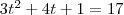 3t^2+4t+1=17