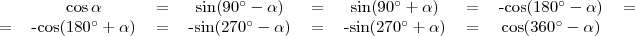 \begin{tabular}{cccccccccc} &\cos\alpha&=&\sin(90^{\circ}-\alpha)&=&\sin(90^{\circ}+\alpha)&=&-\cos(180^{\circ}-\alpha)&= \\ =&-\cos(180^{\circ}+\alpha)&=&-\sin(270^{\circ}-\alpha)&=&-\sin(270^{\circ}+\alpha)&=&\cos(360^{\circ}-\alpha) \end{tabular}