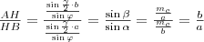 \frac{AH}{HB}=\frac{\frac{\sin \frac{\gamma}{2}\cdot b}{\sin \varphi}}{\frac{\sin \frac{\gamma}{2}\cdot a}{\sin \varphi}}=\frac{\sin \beta}{\sin \alpha}=\frac{\frac{m_c}{a}}{\frac{m_c}{b}}=\frac{b}{a}